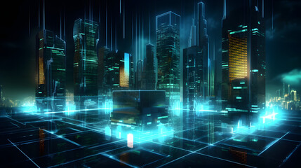 Digital technology building light beams city abstract graphic poster web page PPT background