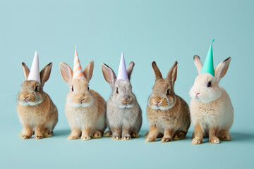 A cute easter bunny rabbits wearing a fun celebration party hats