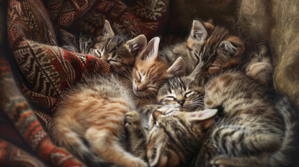 A heartwarming image capturing a group of adorable kittens curled up and fast asleep, snuggled in each other's warmth - obrazy, fototapety, plakaty