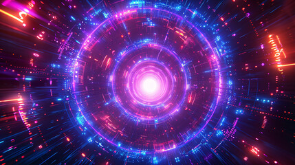 Obraz premium Technological glowing aperture background, colorful spiral coil graphic concept illustration on blue background