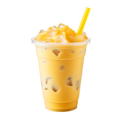 A mango milkshake takeaway cup with a yellow straw and ice cubes on an isolated background