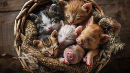 An enchanting composition capturing the unlikely friendship between tiny kittens and piglets, all cuddled up asleep in a rustic basket - obrazy, fototapety, plakaty