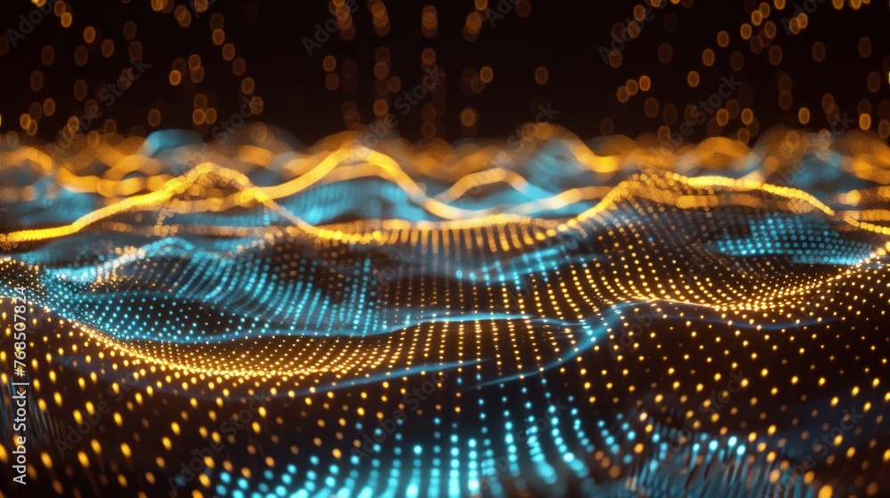 Aufkleber digital representation of a dynamic, flowing wave of golden particles.