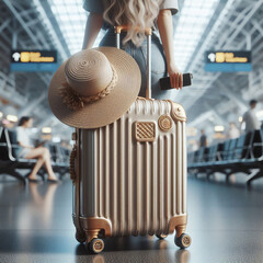 Rear view of woman with suitcase and straw hat in airport - obrazy, fototapety, plakaty