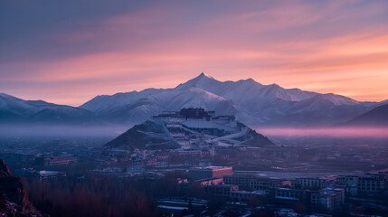 Lhasa's Iconic Panorama: Potala's Splendor Contrasted by Snow-Capped Peaks and Cityscape - obrazy, fototapety, plakaty
