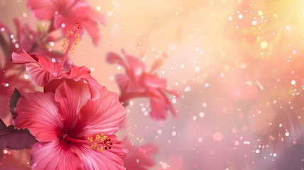 Fototapeta na wymiar Hawaiian hibiscus flowers with glitter bokeh background. Copy space.
