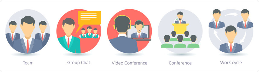 A set of 5 business icons as team, group chat, video conference - obrazy, fototapety, plakaty