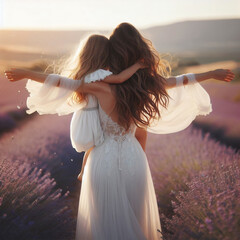 Rear view of mother and daughter hugging in lavender field at sunset	