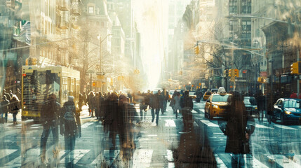 Pedestrians crossing a busy city street bathed in golden sunlight with vibrant urban activity.