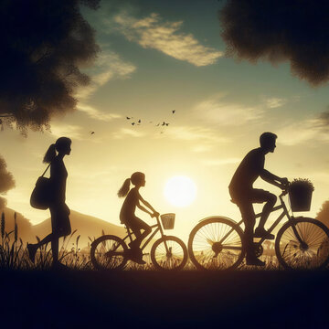 silhouette of family walking and cycling