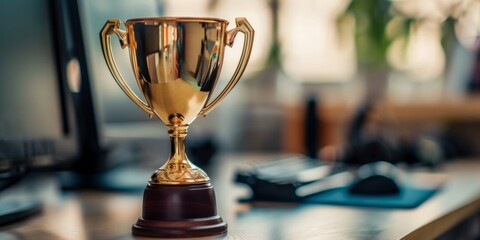 An elegant golden trophy stands out on an office desk with a computer and workspace setup out of...