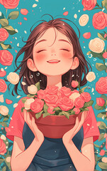 Illustration of a girl holding flowers on Women's Day, concept illustration of a woman holding a bouquet of flowers