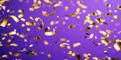 Fototapeta na wymiar Floating golden confetti pieces against a vibrant purple backdrop, implying a festive or celebratory mood.