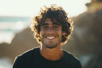 Portrait of smiling young man with curly hair looking at camera on beach