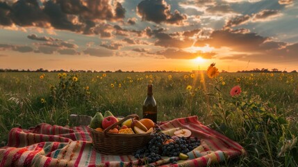 A basket of fruit and a bottle of wine on a blanket in a field