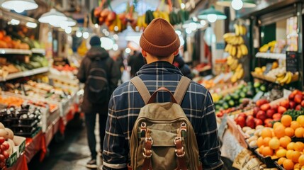 A man with a backpack examines fresh fruits and vegetables in a bustling indoor market atmosphere,...