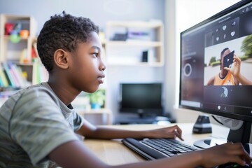 teen at a computer, uploading a video to a social media platform - obrazy, fototapety, plakaty