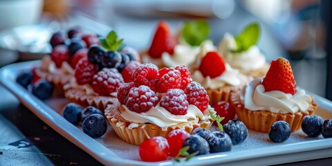 Delicious fresh berry tartlets with cream on a white plate, perfect for a sweet dessert. - obrazy, fototapety, plakaty