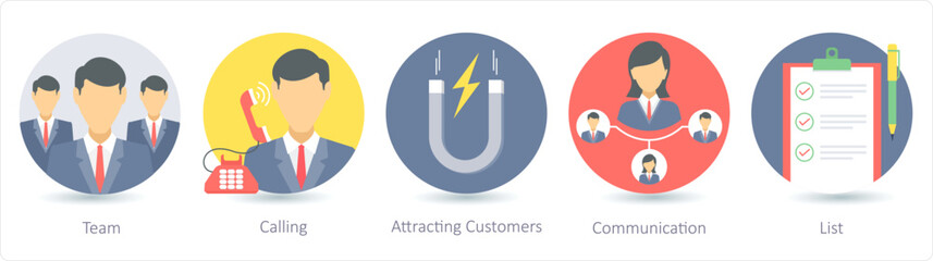 A set of 5 business icons as team, calling, attracting customers