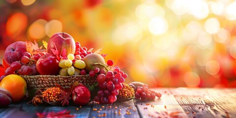 Colorful autumn harvest in a basket with bokeh background highlighting seasonal fruits. - obrazy, fototapety, plakaty