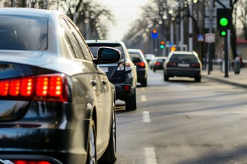 cars at a complete stop in front of a traffic light