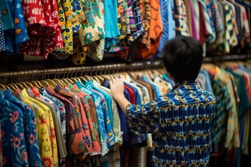 person browsing through racks of retro patterned shirts