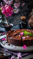 Fototapeta na wymiar A chocolate cake sitting on top of a white plate