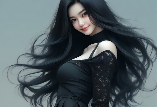 Fashion portrait of a beautiful asian woman with long black hair