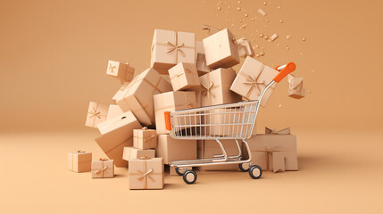 Shopping Cart Overflowing with Elegant Wrapped Gift Boxes, Depicting Abundance and Generosity for Special Occasions or Holiday Shopping Spree