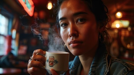 Contemplative Woman Savoring Coffee in Dimly Lit Cafe - obrazy, fototapety, plakaty
