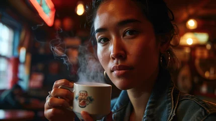 Fotobehang Contemplative Woman Savoring Coffee in Dimly Lit Cafe © Raad