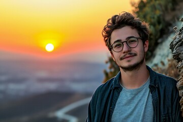 Portrait of a handsome young man with glasses on the background of the sunset - obrazy, fototapety, plakaty