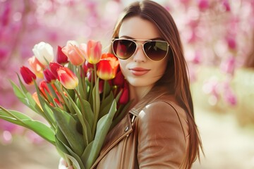 woman wearing sunglasses holding a tulip bouquet