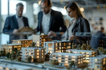 Real estate agents presenting housing estate models to clients explaining purchasing information and real estate trading. Concept Real Estate Presentations, Housing Estate Models
