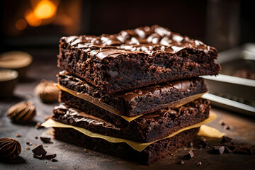 An overhead view of a stack of brownies straight from the oven, showcasing the warm tones of the chocolate and the inviting aroma, making you almost able to smell the sweetness
 - obrazy, fototapety, plakaty