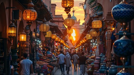 Fototapeta na wymiar Bustling street market in Marrakech at sunset with glowing lanterns and colorful goods.