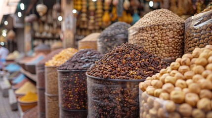 Vibrant arrays of spices and grains displayed in a traditional Marrakech market.