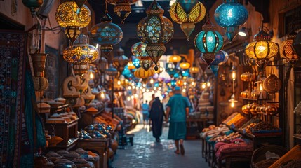Bustling street market in Marrakech at sunset with glowing lanterns and colorful goods.