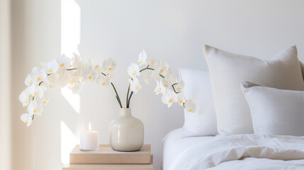 Tranquil Bedroom Setting with a Vase of White Orchids on the Nightstand, Offering a Sense of Peace...