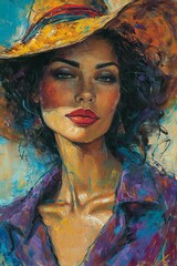 Portrait of a beautiful woman in a hat,  Oil painting