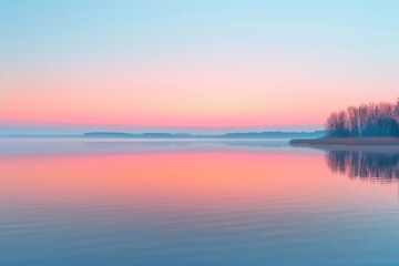 Fototapeta premium Pastel dawn over calm lake waters creating a serene reflection