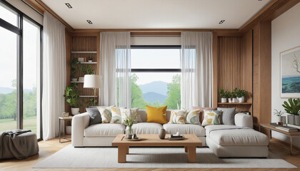 Fototapeta na wymiar home interior design concept with cosy living room design by farm house scheme concept living room with wooden decorate light from window sofa and comfort ambient atmoshere home colorful background