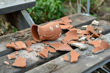 broken clay pitcher pieces on rustic wooden bench