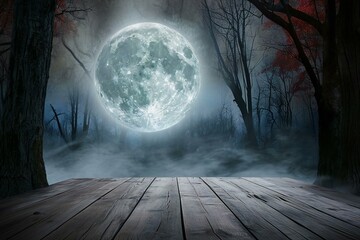 Full moon over the forest with fog and wooden floor,  Halloween background