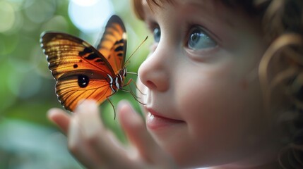 A close-up shot of a child catching a bright butterfly, their eyes sparkling with excitement