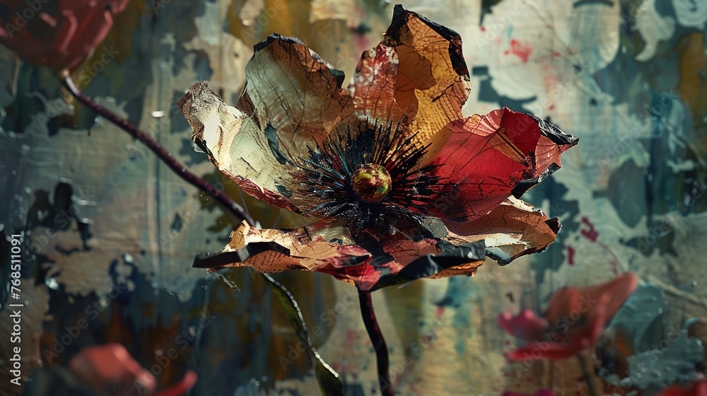 Poster collage-like compositions of abstract flowers crafted from torn paper and textured fabrics, each ele