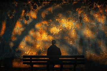 Shadow of a young man sitting on a bench a reflective and solitary moment thoughtful.