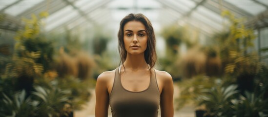 A young slim woman is standing in a greenhouse, wearing a tank top and black leggings. She is practicing yoga, specifically twisting her chest which is beneficial for the back. The woman is standing - obrazy, fototapety, plakaty