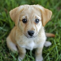 Cute puppy on green grass,  Selective focus on eyes