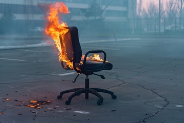 office chair on fire in an empty parking lot